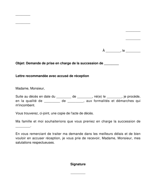 Lettre de demande de prise en charge d'une succession au notaire