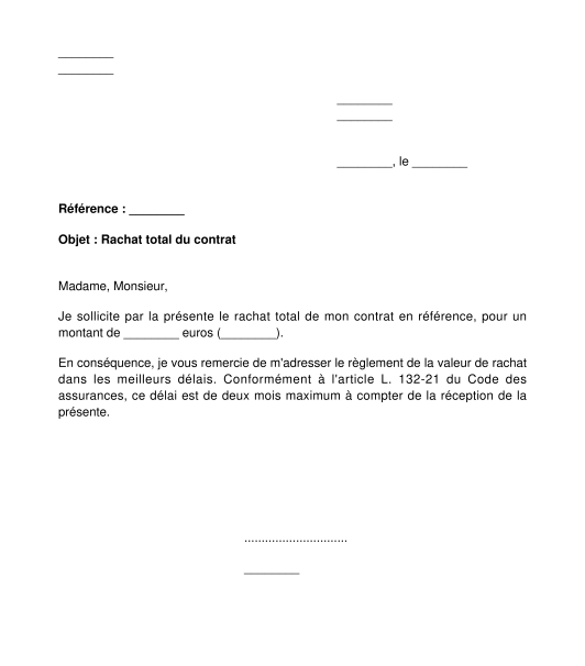 Lettre de demande de rachat d'une assurance vie