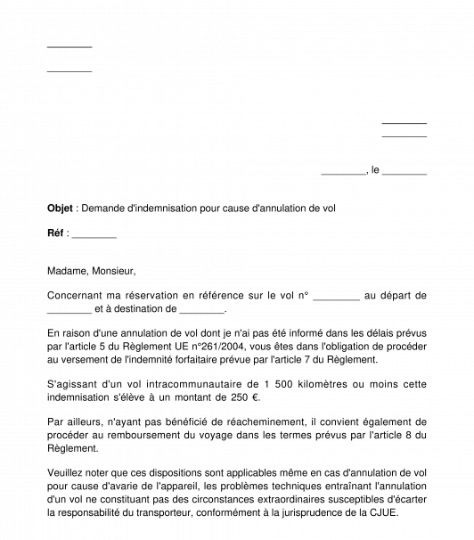 Lettre de demande de remboursement d'un billet d'avion annulation, retard d'un vol...