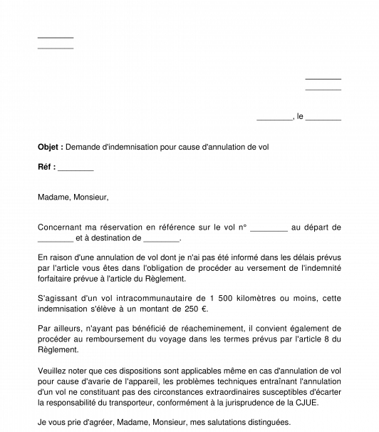 Lettre de demande de remboursement d'un billet d'avion