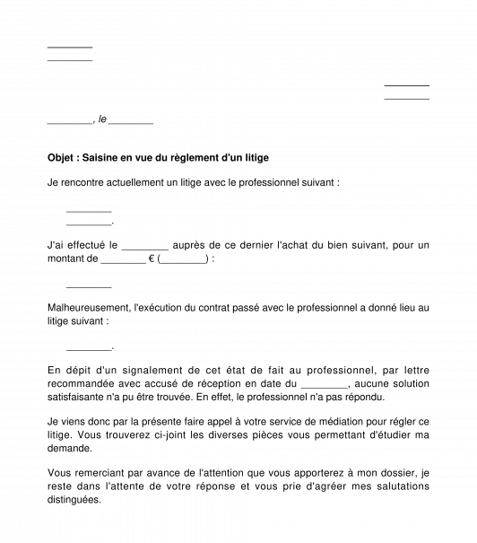 Lettre pour demander l'intervention d'un médiateur de la consommation