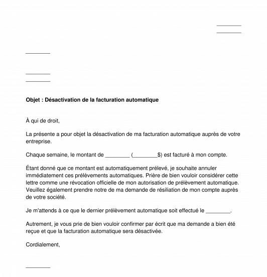 Lettre de désactivation de facturation automatique