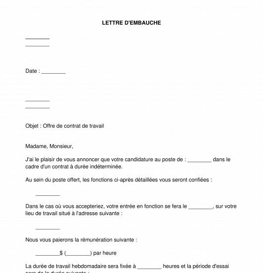 Lettre d'Embauche Modèle, Exemple Word et PDF