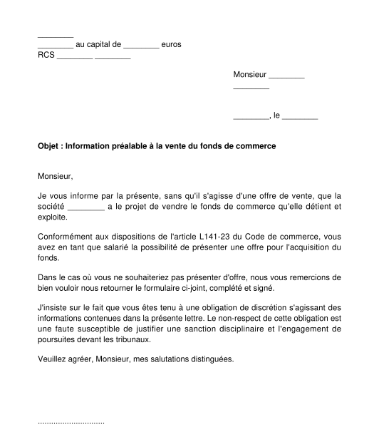 Lettre d'information du salarié sur la vente de l'entreprise