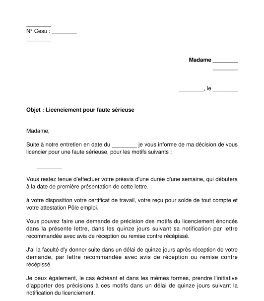 Lettre de licenciement pour faute employé à domicile