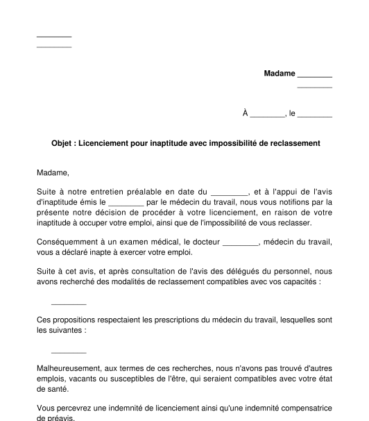 Lettre de licenciement pour inaptitude