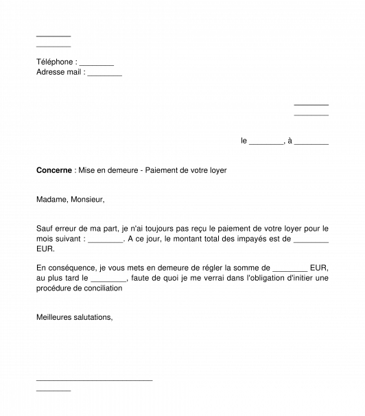 Lettre de Mise en Demeure pour Loyer Impayé Modèle