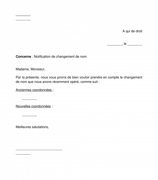 Lettre de notification de changement de nom ou de prénom