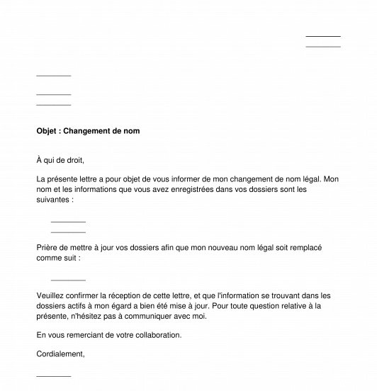 Lettre de notification de changement de nom