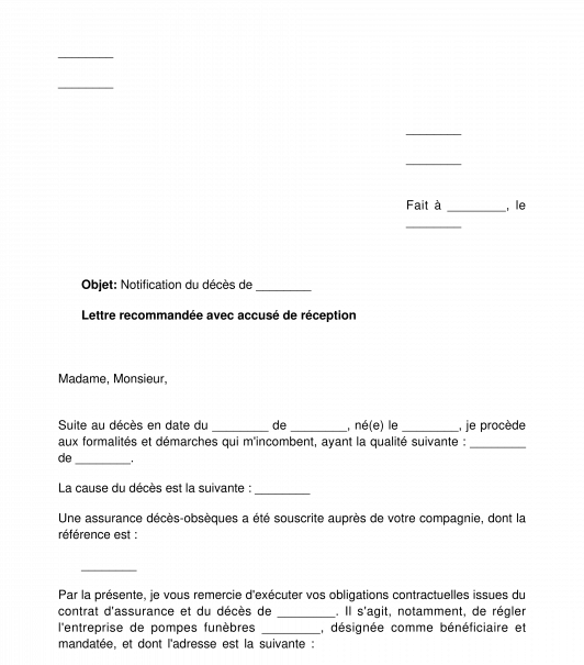 Lettre de notification de décès à l'assurance-vie ou décès-obsèques du défunt