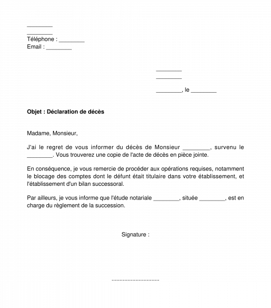 Lettre de notification de décès à la banque