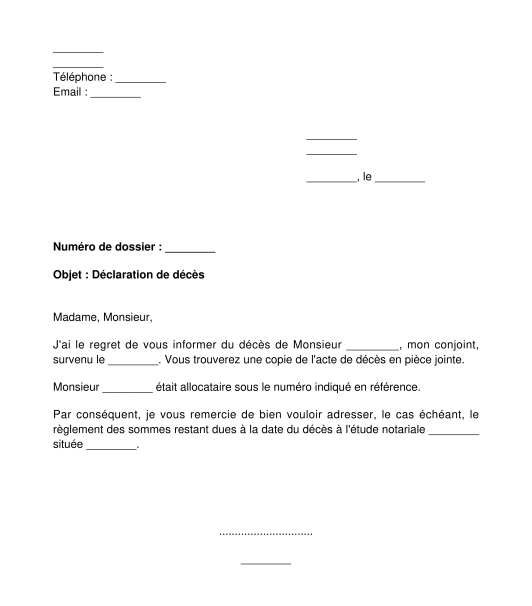 Lettre de notification de décès à la caisse d'allocations familiales CAF