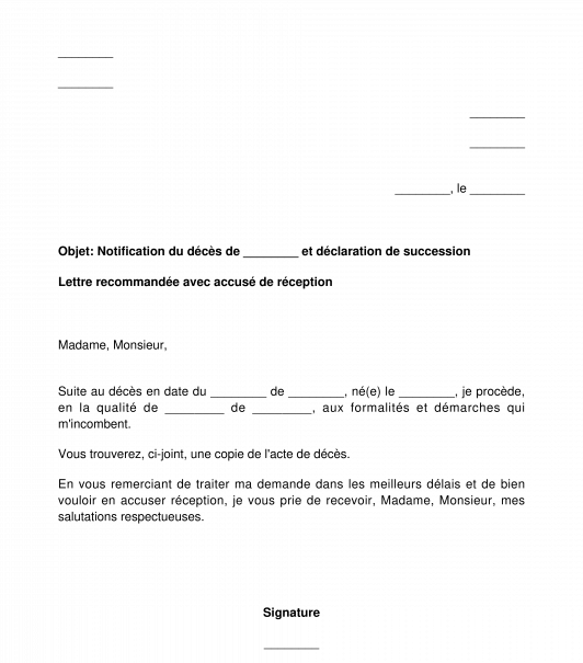 Lettre de notification de décès et déclaration de succession auprès du centre des impôts