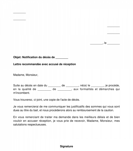 Lettre De Notification Du Décès Du Locataire Au Bailleur