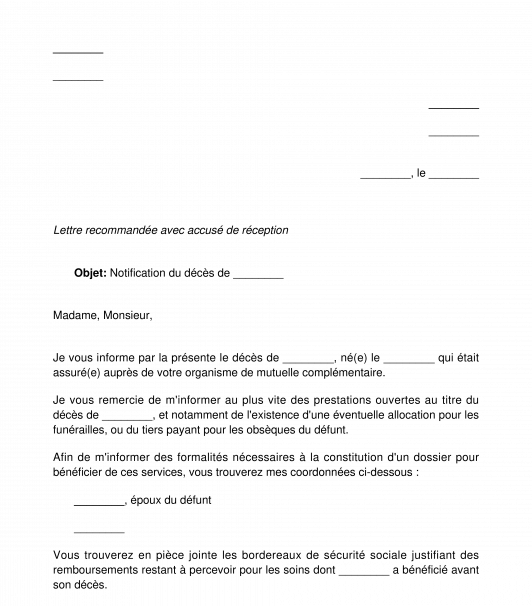 Lettre de notification de décès à la mutuelle complémentaire du défunt
