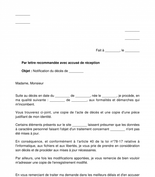Lettre de notification de décès à un site internet