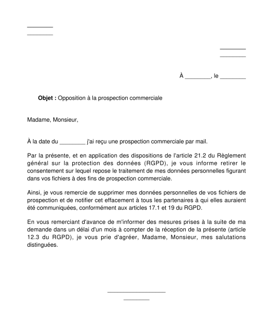 Lettre d'opposition à la prospection commerciale