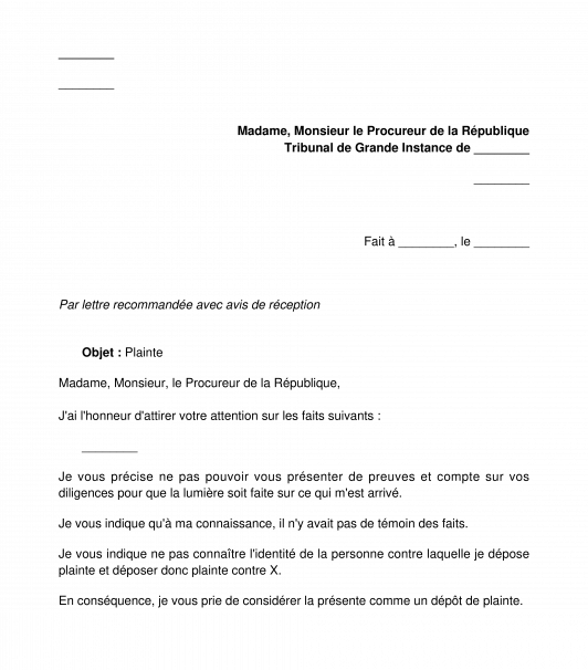 Lettre de plainte au Procureur de la République