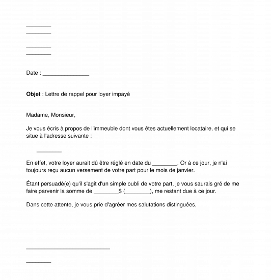Lettre de rappel pour loyer impayé