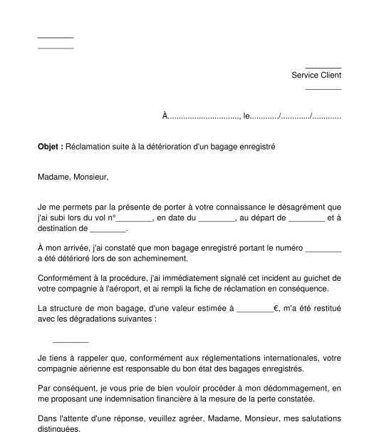 Lettre de réclamation pour bagage abîmé