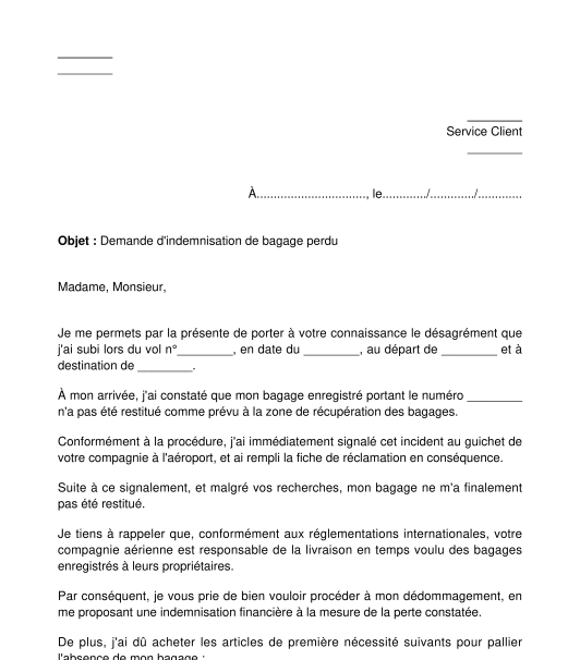 Lettre de réclamation pour bagage perdu