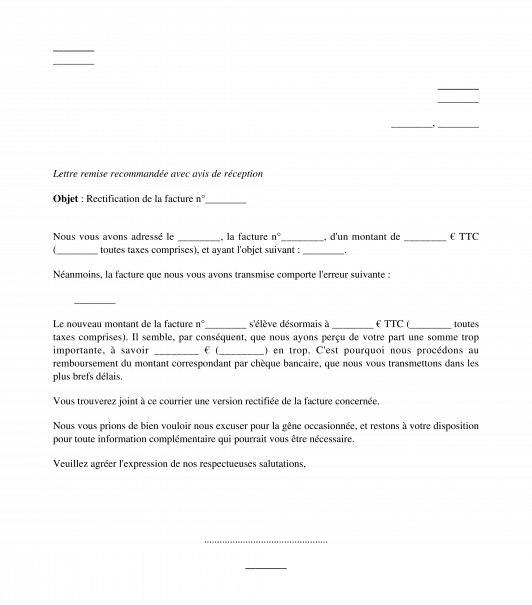 Lettre de Rectification d'une Facture Modèle, Exemple