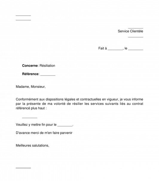 Lettre de résiliation d'un abonnement