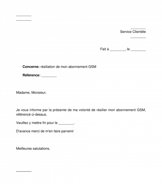 Lettre de résiliation d'un abonnement avec un opérateur télécom