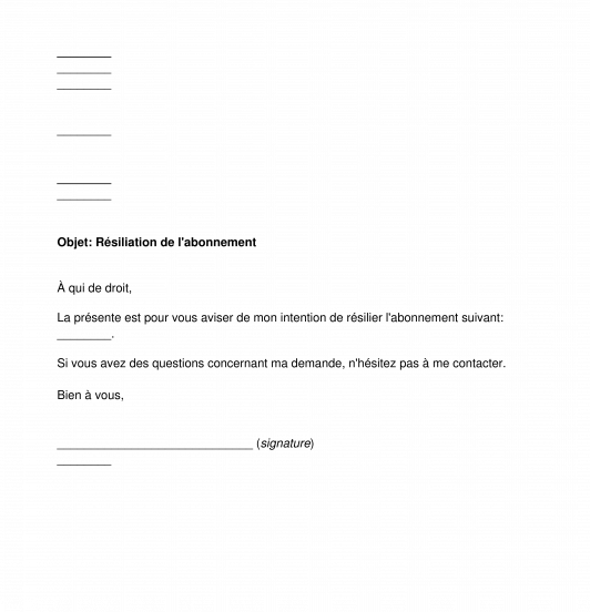 Lettre de résiliation d'un abonnement
