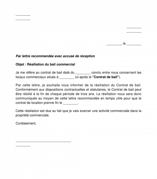 Lettre de résiliation du bail commercial par le propriétaire