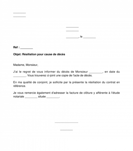 Lettre de résiliation de contrat / d'abonnement / de fourniture d'énergie suite à un décès