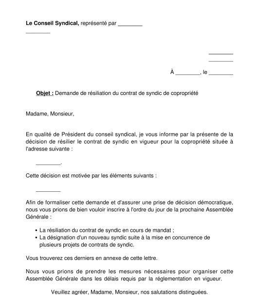 Lettre de résiliation du syndic