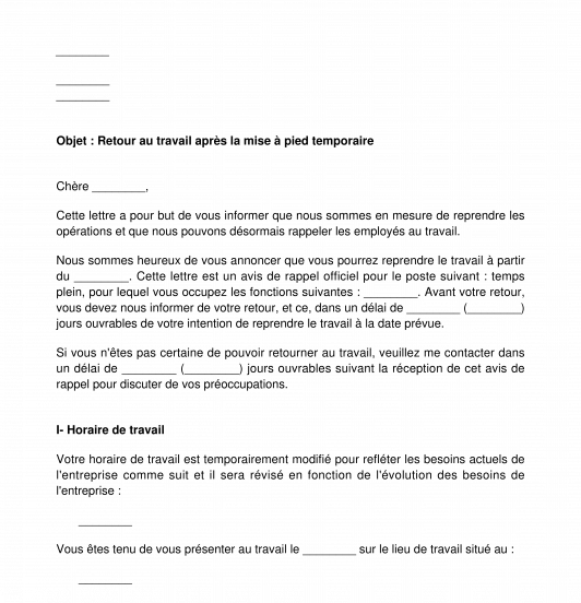 Lettre de retour au travail