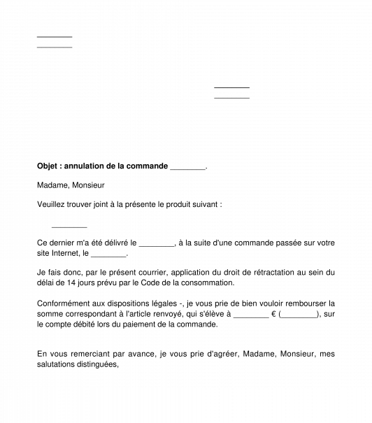 Lettre de rétractation suite à un achat à distance