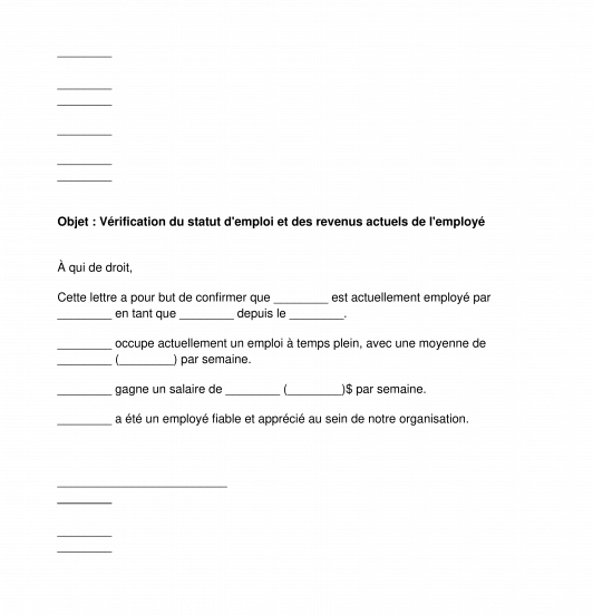 Lettre de vérification d'emploi et de revenus