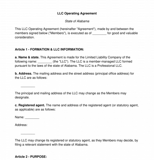 Llc Operating Agreement Template Word Pdf