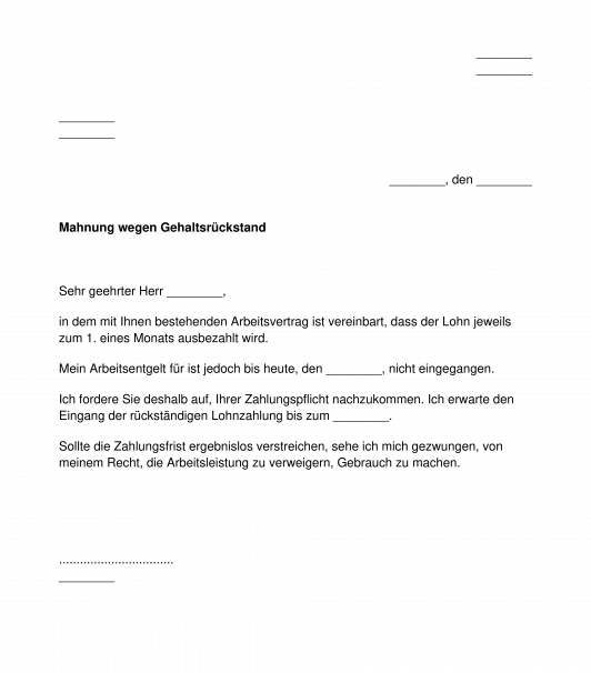 Mahnung wegen Gehaltsrückstand