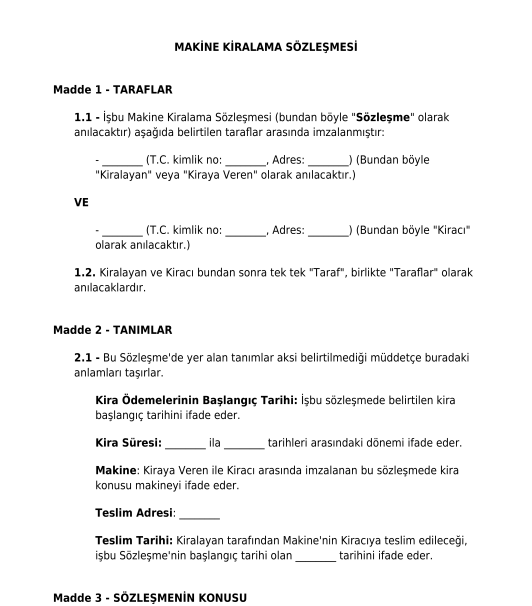 Makine Kiralama Sözleşmesi