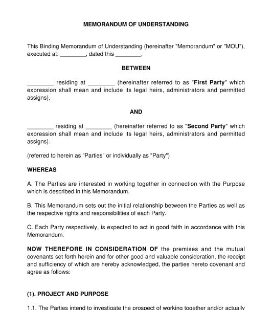 Memorandum of Understanding Agreement Format