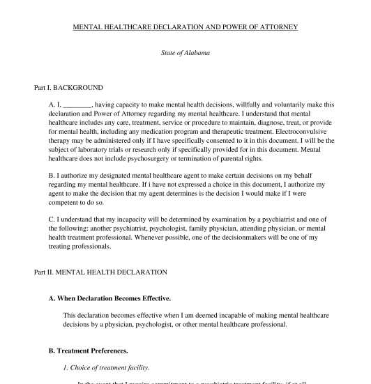Mental Healthcare Declaration and Power of Attorney
