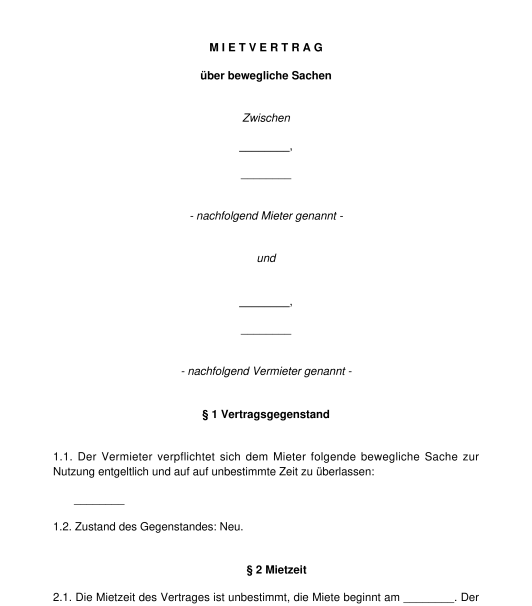 Nutzungsvertrag muster gegenstände