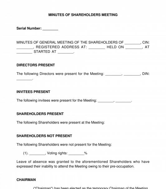 Minute's of Shareholders Meeting for Private Limited Company