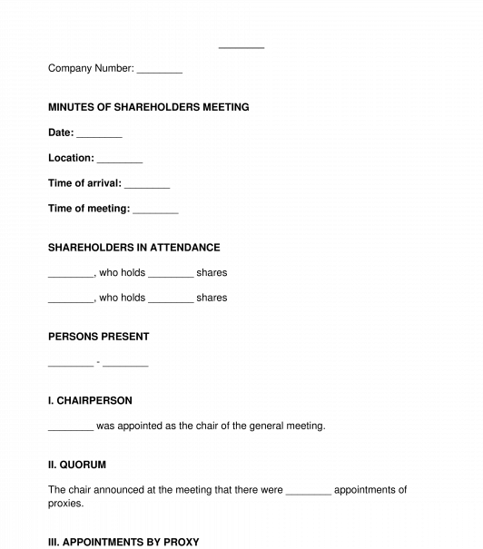 Minutes of Shareholders Meeting - Private Limited Company