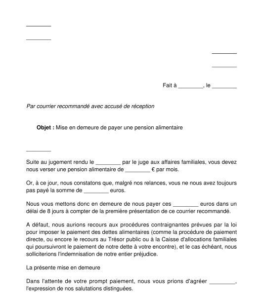 Mise en Demeure de Payer une Pension Alimentaire ou une Prestation Compensatoire