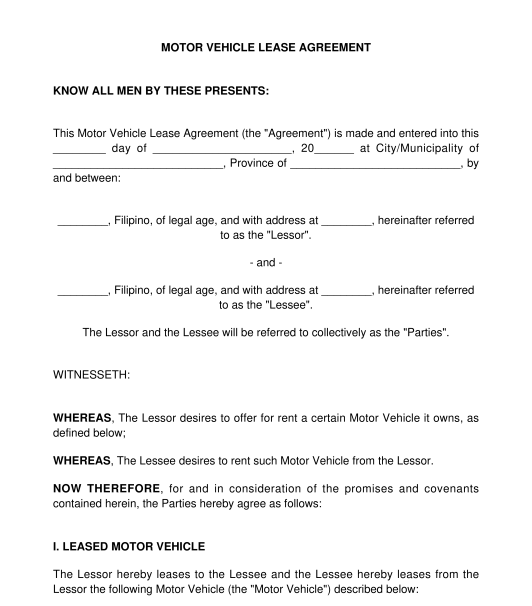 Motor Vehicle Lease Agreement