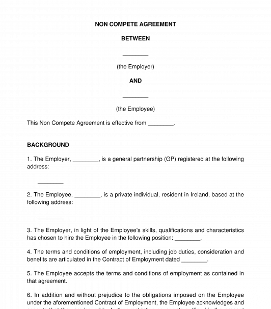 Non Compete Agreement between Employer and Employee