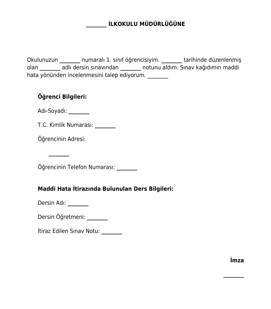 İlköğretim ve Ortaöğretim Nota İtiraz Dilekçesi