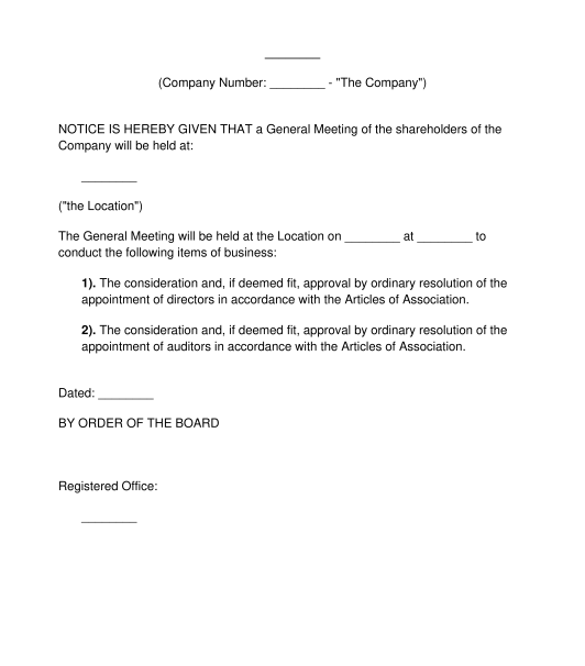 Notice of Meeting for Private Company Limited by Shares or Guarantee LTD