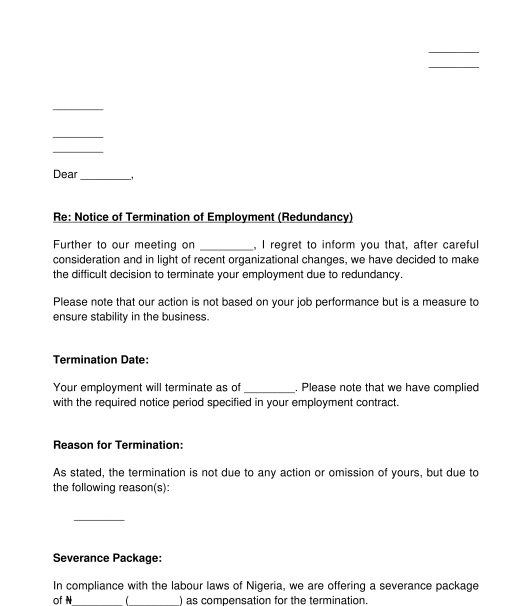 Notice of Termination of Employment Due to Redundancy