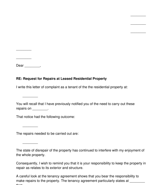 Notice of Repair for Residential Property